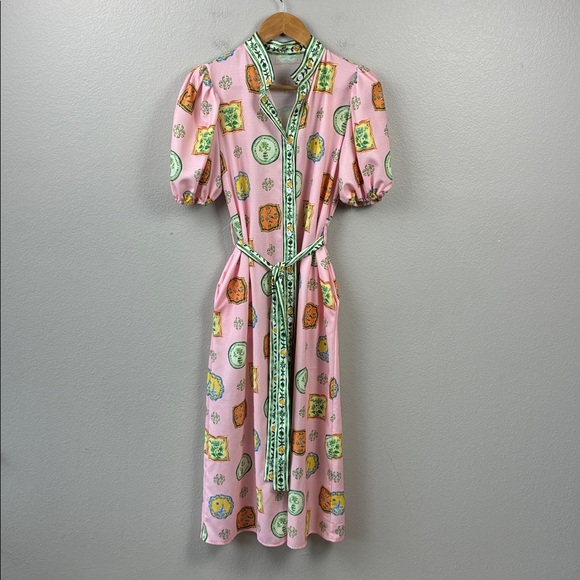 Porcelain Print Linen Midi Shirt Dress Pink Balloon Sleeve Belted Boho Luxe M - Picture 5 of 10
